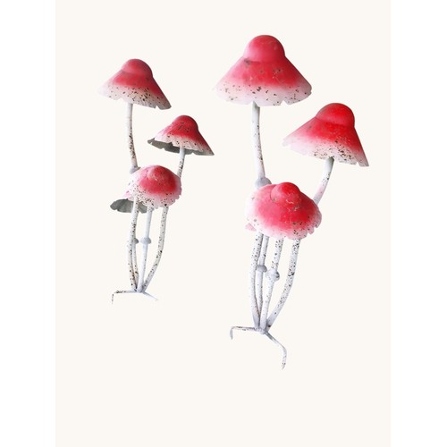 4 - Pair of decorative metal garden red mushrooms. {80 cm H x 28 cm W x 30 cm D}.