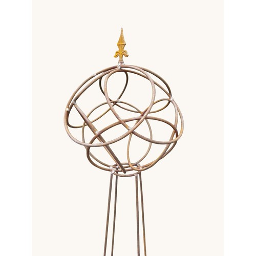 6 - Pair of wrought iron obelisks with sphere top and pointed finials. {158 cm H x 40 cm Dia.}.