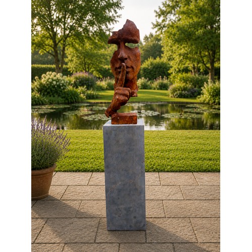 1 - Cast iron contemporary Speak No Evil sculpture on slate pedestal. {139 cm H x 26 cm W x 26 cm D}.