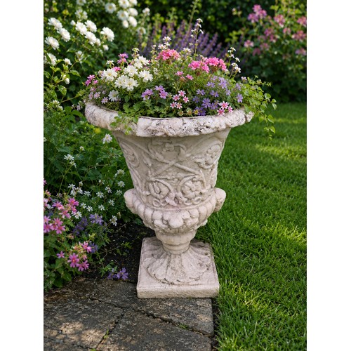3 - Marble resin urn in the Roman manner {58cm H x 40cm Dia.} (Flowers not included)