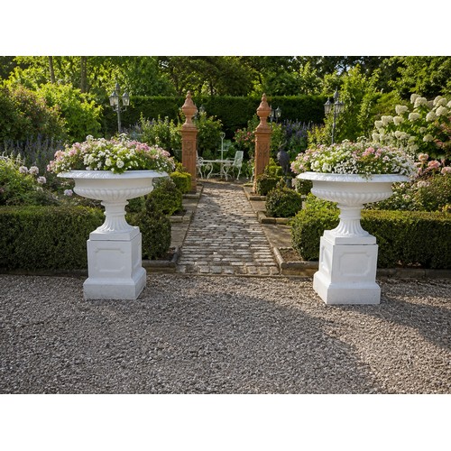 9 - Pair of cast iron urns in the Georgian manner {95cm H x 901cm Dia.} (Plants not included)