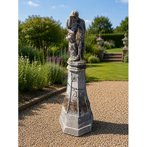10 - 19th C. sandstone statue of young Man on pedestal decorated with flora and fauna. {160 cm H x 60 cm ... 