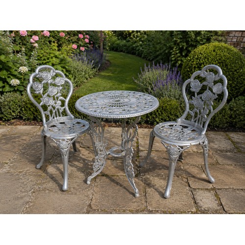 54 - Metal garden table and two matching chairs. Chairs {84 cm H x 48 cm W x 46 cm D} and Table {66 cm H ... 