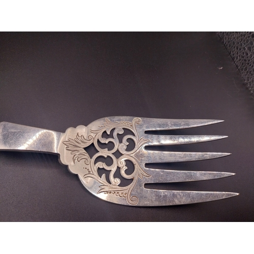24 - Stamped silver Fish serving fork. { 25cm L }. Wt: 115.8 grms.
