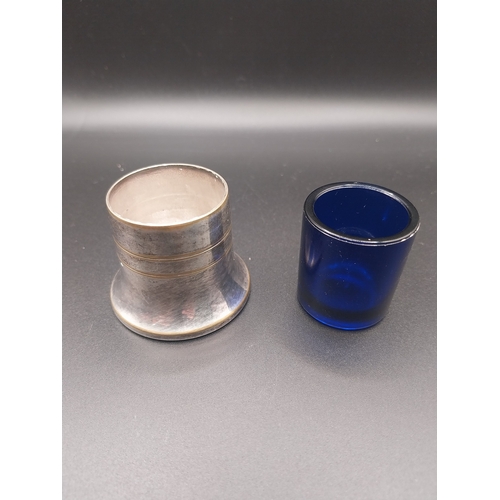 48 - Silver metal inkwell with Bristol Blue glass insert.  {4 cm H x 3 cm Dia.} .