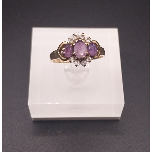 50 - 9 ct gold diamond and amethyst ring. Size M.