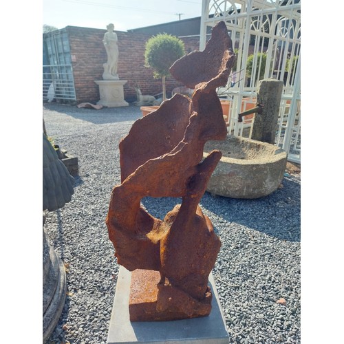 1 - Cast iron contemporary Speak No Evil sculpture on slate pedestal. {139 cm H x 26 cm W x 26 cm D}.
