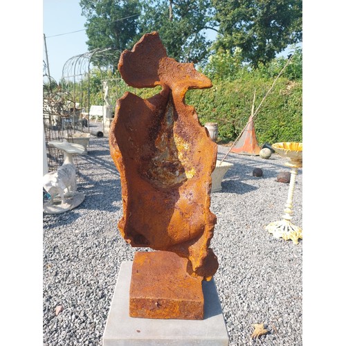 1 - Cast iron contemporary Speak No Evil sculpture on slate pedestal. {139 cm H x 26 cm W x 26 cm D}.