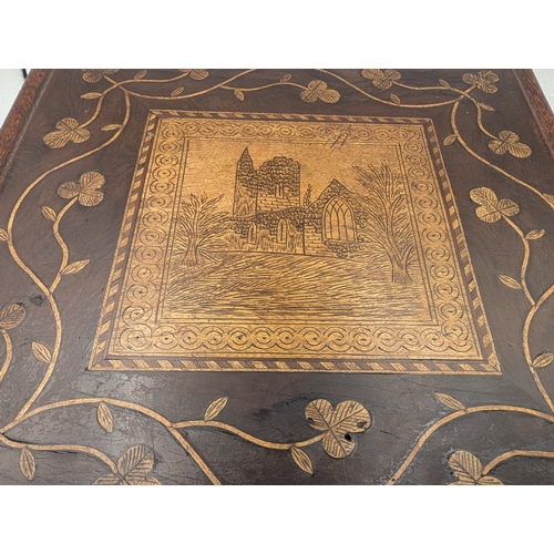 1 - 19th C. Irish Killarney wood arbutus and marquetry box inlaid with Shamrocks and vignette of Muckros... 