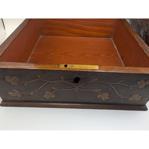 1 - 19th C. Irish Killarney wood arbutus and marquetry box inlaid with Shamrocks and vignette of Muckros... 