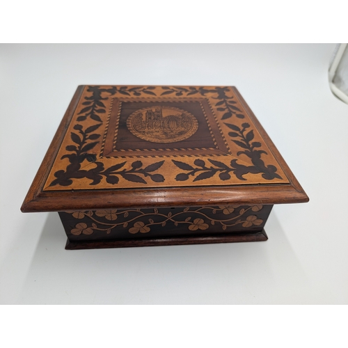 10 - 19th C. Irish  Killarney wood arbutus and marquetry box inlaid with Shamrocks and vignette of Muckro... 
