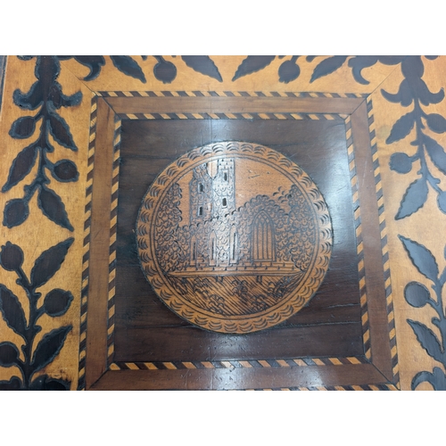 10 - 19th C. Irish  Killarney wood arbutus and marquetry box inlaid with Shamrocks and vignette of Muckro... 