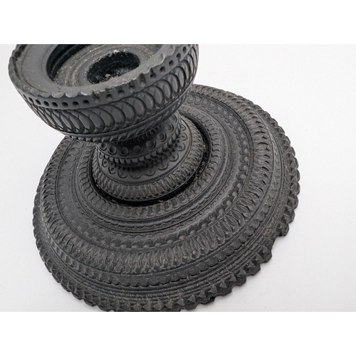 113 - 19th C. Irish bog oak candlestick. {10 cm H x 15 cm Dia.}.