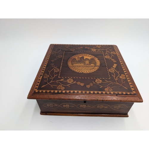 12 - 19th C. Irish Killarney wood arbutus and marquetry box  inlaid with Shamrocks, Thistles and Roses an... 