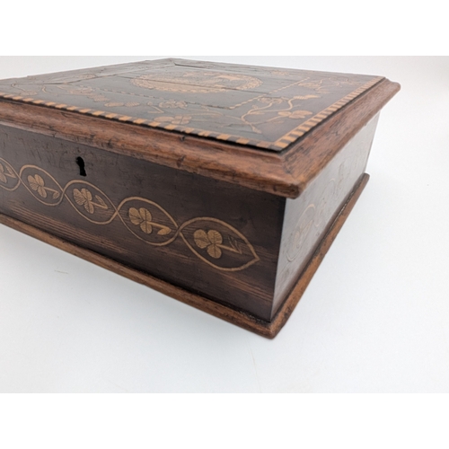 12 - 19th C. Irish Killarney wood arbutus and marquetry box  inlaid with Shamrocks, Thistles and Roses an... 