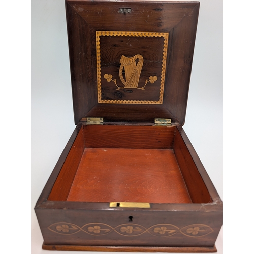 12 - 19th C. Irish Killarney wood arbutus and marquetry box  inlaid with Shamrocks, Thistles and Roses an... 