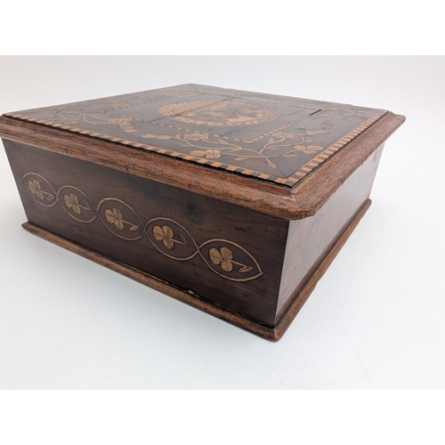 12 - 19th C. Irish Killarney wood arbutus and marquetry box  inlaid with Shamrocks, Thistles and Roses an... 