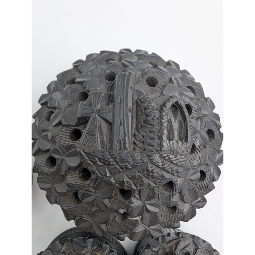 13 - Collection of nine 19th C. Irish bog oak boxes with various carvings of Wolfhound, Muckross Abbey et... 