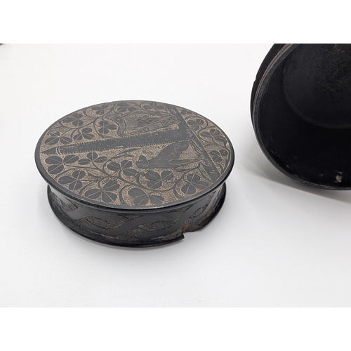 13 - Collection of nine 19th C. Irish bog oak boxes with various carvings of Wolfhound, Muckross Abbey et... 