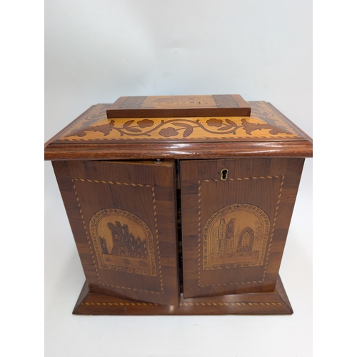 142 - 19th C. Irish Killarney wood arbutus and marquetry cabinet, the lid inlaid with vignette of Glena Co... 