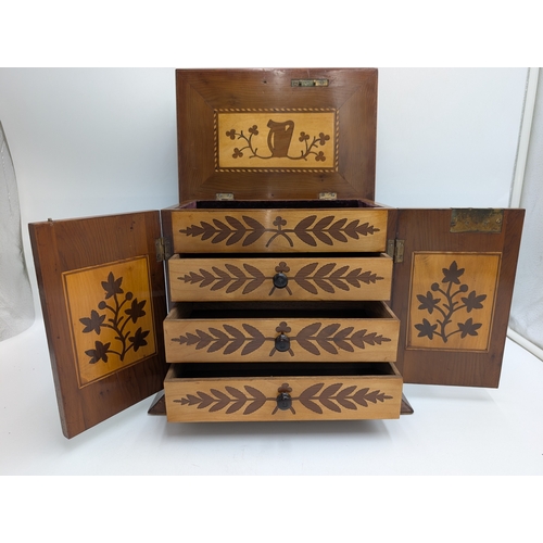 142 - 19th C. Irish Killarney wood arbutus and marquetry cabinet, the lid inlaid with vignette of Glena Co... 