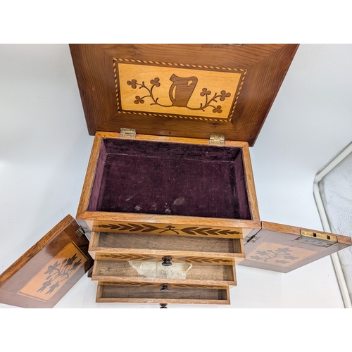 142 - 19th C. Irish Killarney wood arbutus and marquetry cabinet, the lid inlaid with vignette of Glena Co... 