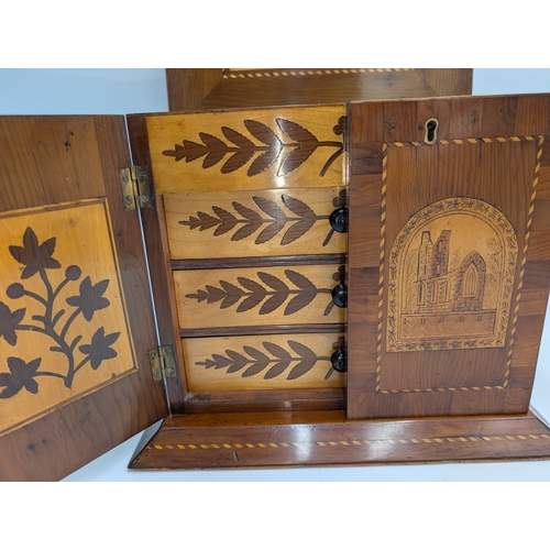 142 - 19th C. Irish Killarney wood arbutus and marquetry cabinet, the lid inlaid with vignette of Glena Co... 