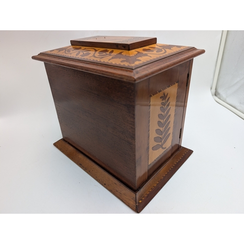 142 - 19th C. Irish Killarney wood arbutus and marquetry cabinet, the lid inlaid with vignette of Glena Co... 