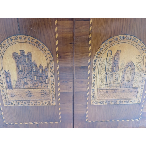 142 - 19th C. Irish Killarney wood arbutus and marquetry cabinet, the lid inlaid with vignette of Glena Co... 