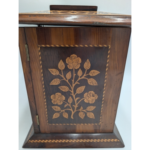 143 - 19th C. Irish Killarney wood arbutus and marquetry Cigar cabinet, the lid inlaid with vignette of Gl... 