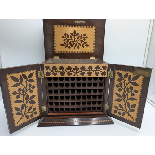 143 - 19th C. Irish Killarney wood arbutus and marquetry Cigar cabinet, the lid inlaid with vignette of Gl... 