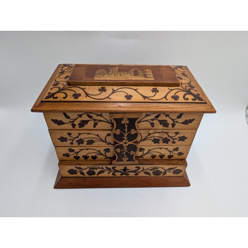 144 - 19th C. Irish Killarney wood arbutus and marquetry  jewellery cabinet,  the lid inlaid with vignette... 