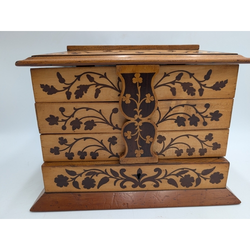 144 - 19th C. Irish Killarney wood arbutus and marquetry  jewellery cabinet,  the lid inlaid with vignette... 
