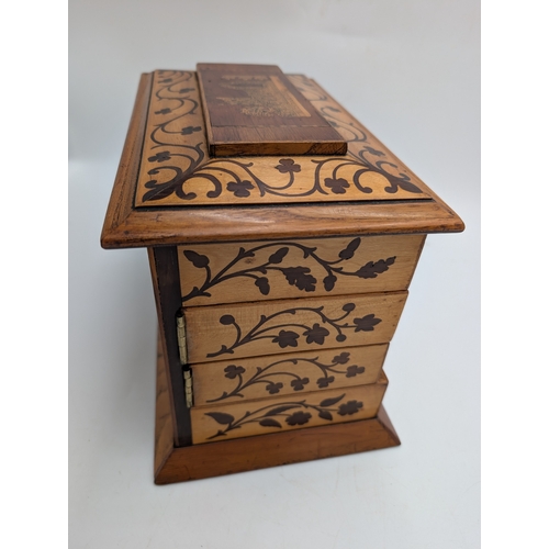 144 - 19th C. Irish Killarney wood arbutus and marquetry  jewellery cabinet,  the lid inlaid with vignette... 
