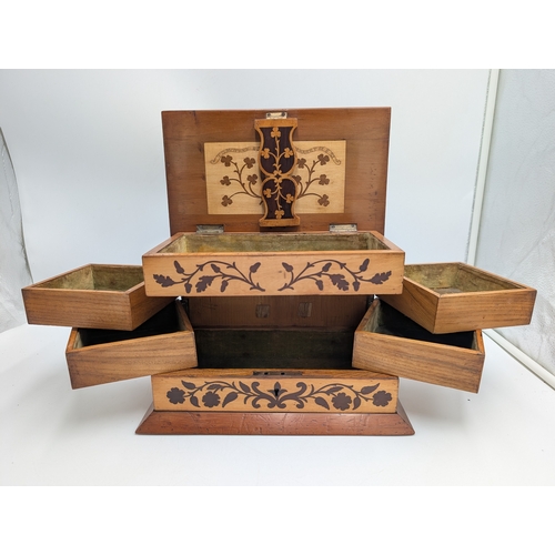 144 - 19th C. Irish Killarney wood arbutus and marquetry  jewellery cabinet,  the lid inlaid with vignette... 