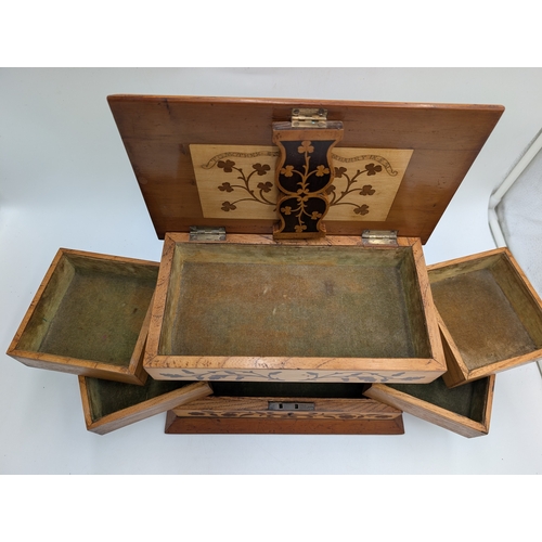 144 - 19th C. Irish Killarney wood arbutus and marquetry  jewellery cabinet,  the lid inlaid with vignette... 