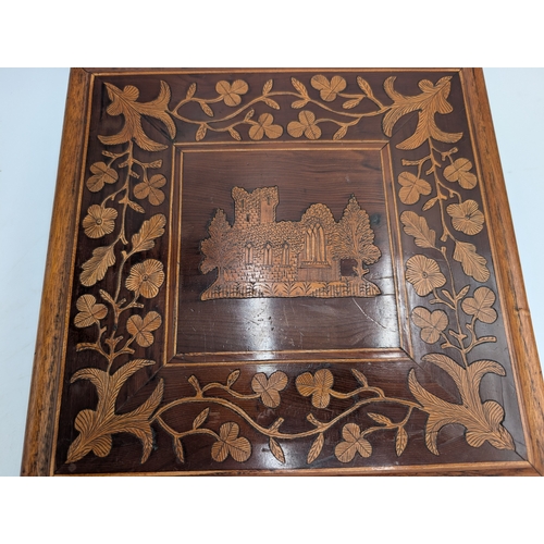 147 - 19th C. Irish Killarney wood arbutus and marquetry box, the lid inlaid with vignette of Muckross Abb... 
