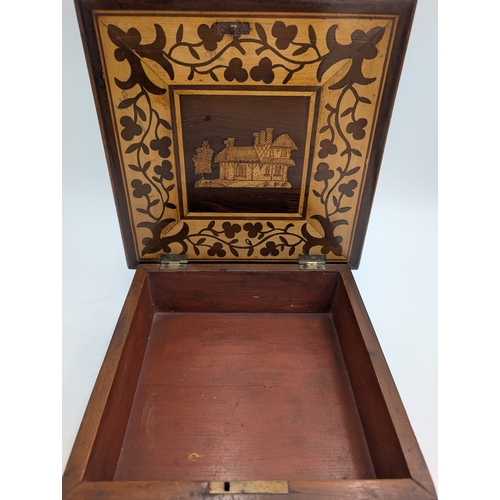 147 - 19th C. Irish Killarney wood arbutus and marquetry box, the lid inlaid with vignette of Muckross Abb... 