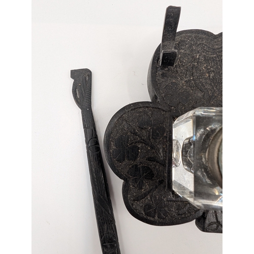15 - Collection of nine pieces of 19th C. Irish bog oak including calendars, pin tray and Bridge counter.... 