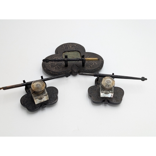 16 - Collection of three 19th C. Irish bog oak desk sets carved with Shamrocks. {6 cm  H x  13 cm W to 5 ... 