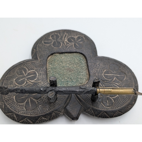 16 - Collection of three 19th C. Irish bog oak desk sets carved with Shamrocks. {6 cm  H x  13 cm W to 5 ... 