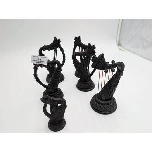17 - Collection of six 19th C. Irish bog oak Harps carved with Shamrocks. {14 cm H x 7 cm W to 8 cm H x 5... 