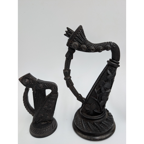 17 - Collection of six 19th C. Irish bog oak Harps carved with Shamrocks. {14 cm H x 7 cm W to 8 cm H x 5... 
