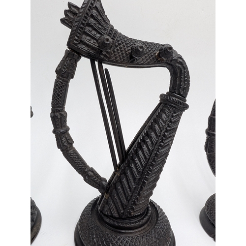 17 - Collection of six 19th C. Irish bog oak Harps carved with Shamrocks. {14 cm H x 7 cm W to 8 cm H x 5... 