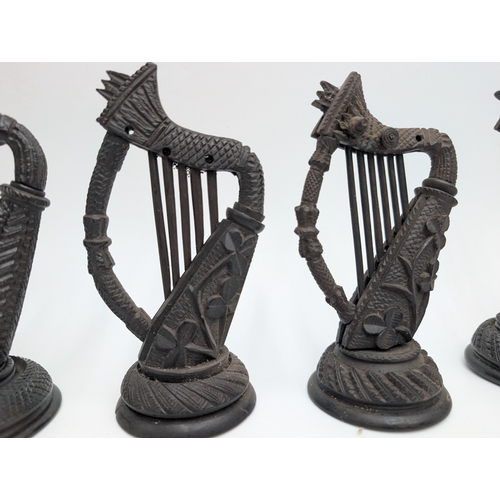 17 - Collection of six 19th C. Irish bog oak Harps carved with Shamrocks. {14 cm H x 7 cm W to 8 cm H x 5... 