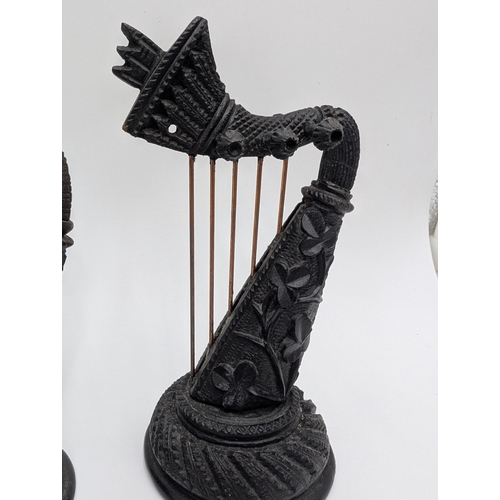 17 - Collection of six 19th C. Irish bog oak Harps carved with Shamrocks. {14 cm H x 7 cm W to 8 cm H x 5... 