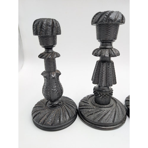 18 - Six 19th C. Irish bog oak candlesticks. {15 cm H x 8 cm Dia.}.