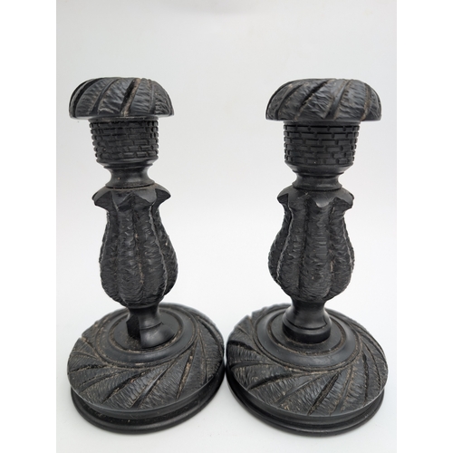 18 - Six 19th C. Irish bog oak candlesticks. {15 cm H x 8 cm Dia.}.