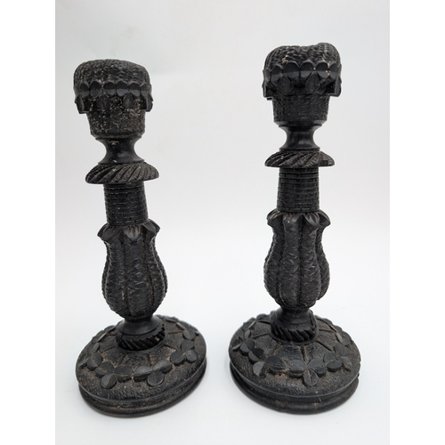 18 - Six 19th C. Irish bog oak candlesticks. {15 cm H x 8 cm Dia.}.