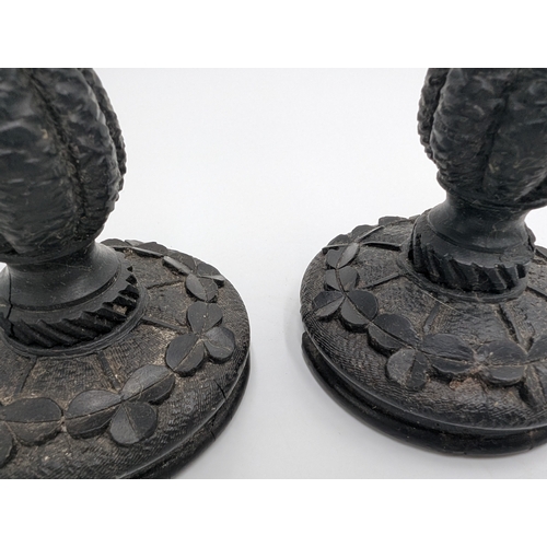 18 - Six 19th C. Irish bog oak candlesticks. {15 cm H x 8 cm Dia.}.